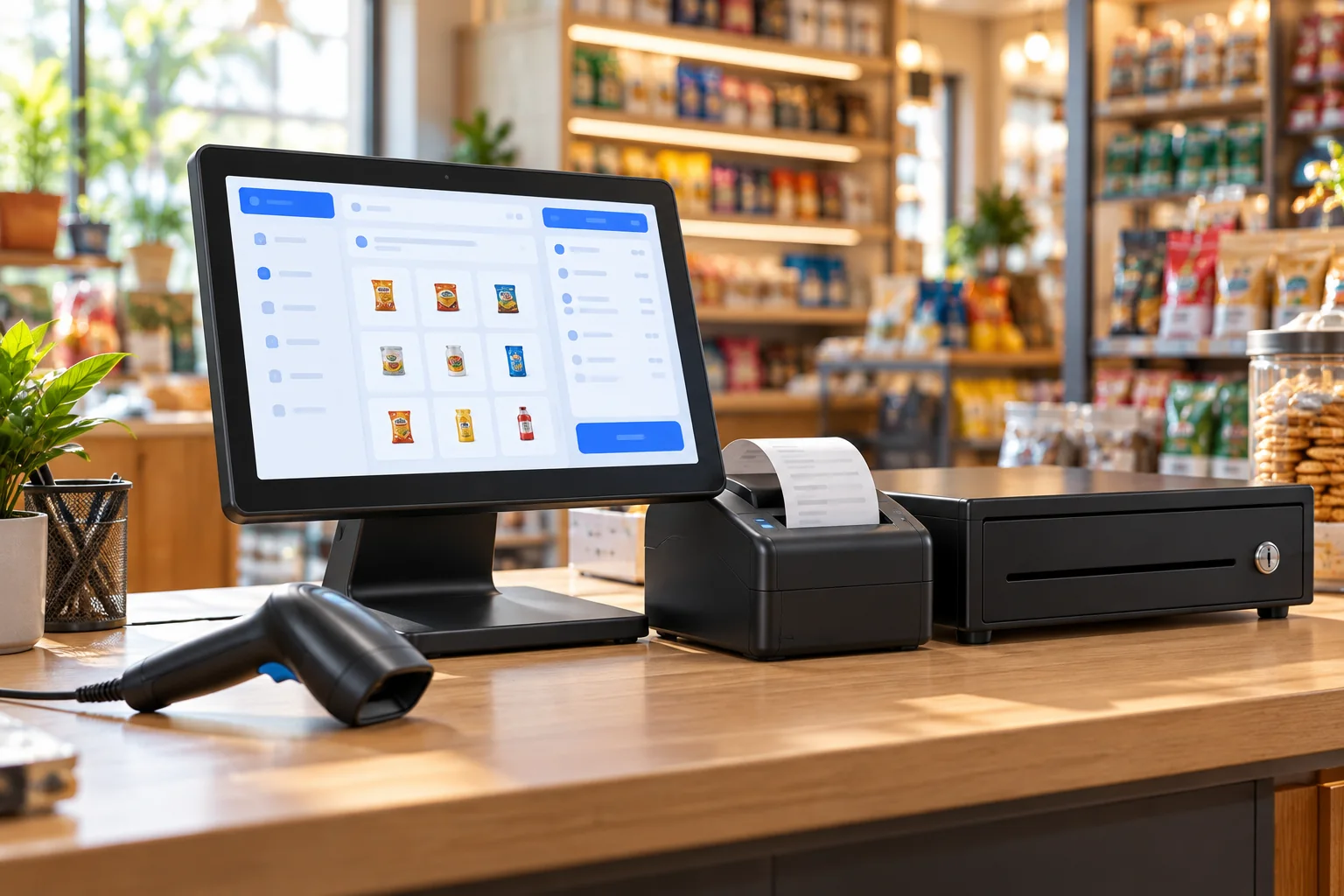 POS terminal, barcode scanner, receipt printer and cash drawer on a shop counter